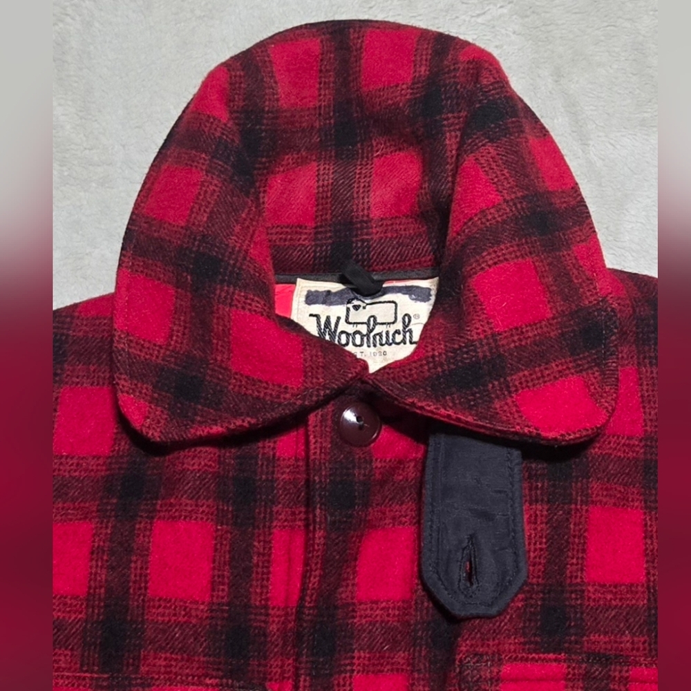Vtg Woolrich Hunting Jacket Red Buffalo Plaid Mackinaw Sz.38 Back Game Pouch - Picture 3 of 11